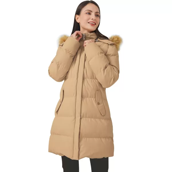 WenVen Womens Winter Thicken Puffer Coat Warm Jacket with Faux Fur Removable HoodLight Tan