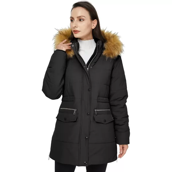 WenVen Womens Winter Waterproof Thickened Puffer Parka Coat with Fur HoodDark Black