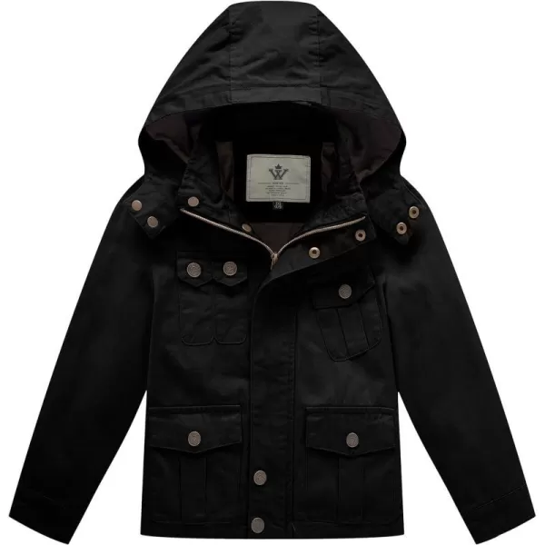 WenVen Boys Lightweight Casual Cotton Military Jacket Outerwear with HoodBlack