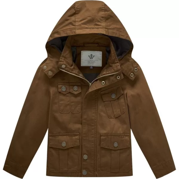WenVen Boys Lightweight Casual Cotton Military Jacket Outerwear with HoodBrown