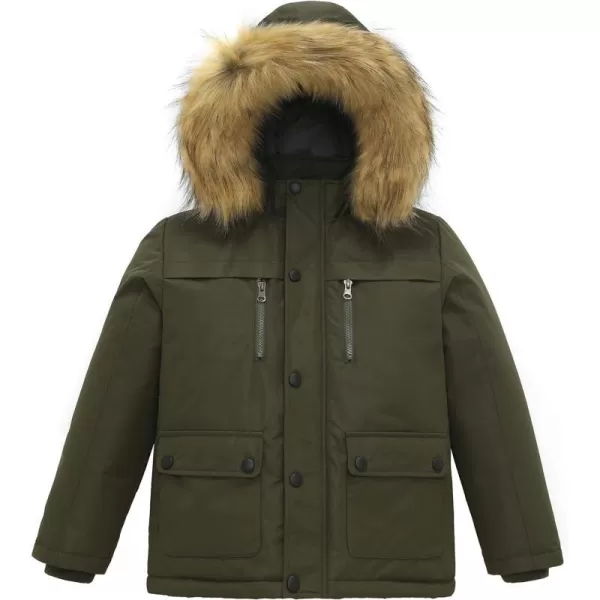 WenVen Boys Winter Coat Thickened Quilted Down Waterproof Jacket Hooded Parker Coat with Detachable Fur CoverArmy Green