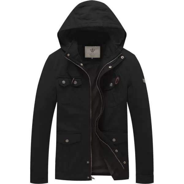 WenVen Mens Casual Canvas Cotton Jacket Hooded Military Utility JacketDark Black