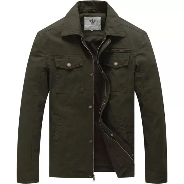WenVen Mens Casual Canvas Cotton Military Lapel JacketArmy Green