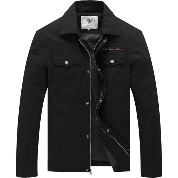 WenVen Mens Casual Canvas Cotton Military Lapel JacketBlack