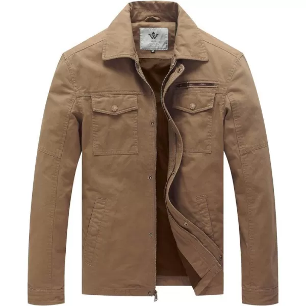 WenVen Mens Casual Canvas Cotton Military Lapel JacketKhaki