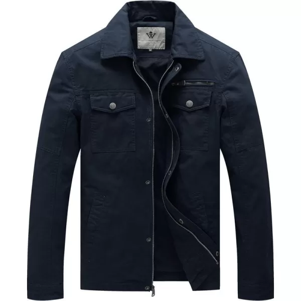 WenVen Mens Casual Canvas Cotton Military Lapel JacketNavy