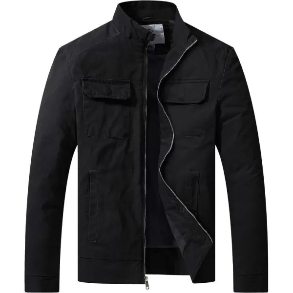 WenVen Mens Spring Cotton Military Jacket Casual Lightweight Canvas Field CoatBlack