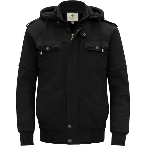 WenVen Mens Thick Winter Windproof Jacket Wool Lining Cotton Military Coat With Detachable HoodBlack