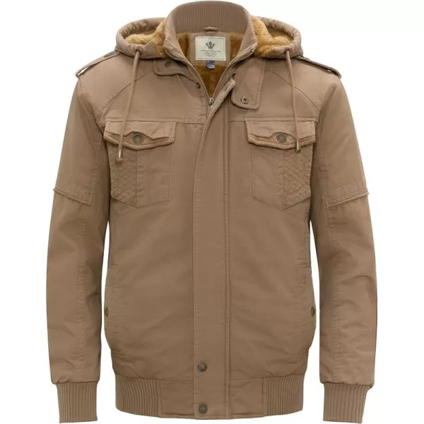 WenVen Mens Thick Winter Windproof Jacket Wool Lining Cotton Military Coat With Detachable HoodCamel