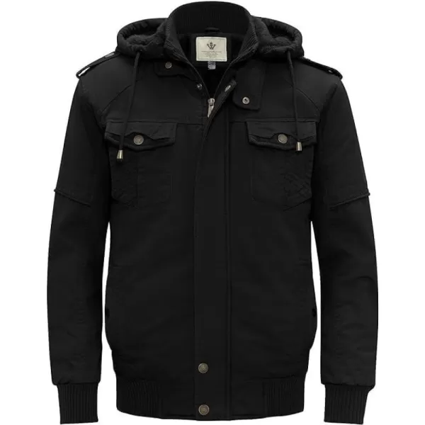 WenVen Mens Thick Winter Windproof Jacket Wool Lining Cotton Military Coat With Detachable HoodDark Black