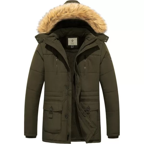 WenVen Mens Winter Coat Warm Parka Jacket with Faux Fur Removable HoodArmy Green