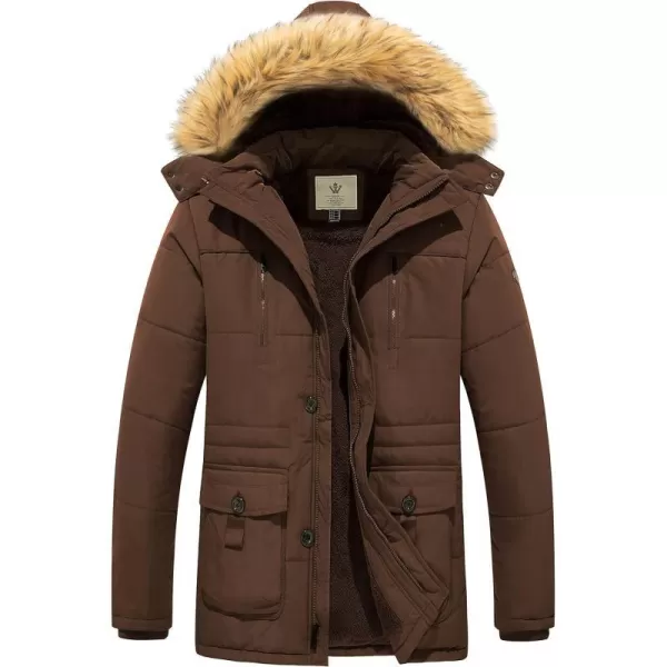 WenVen Mens Winter Coat Warm Parka Jacket with Faux Fur Removable HoodCoffee