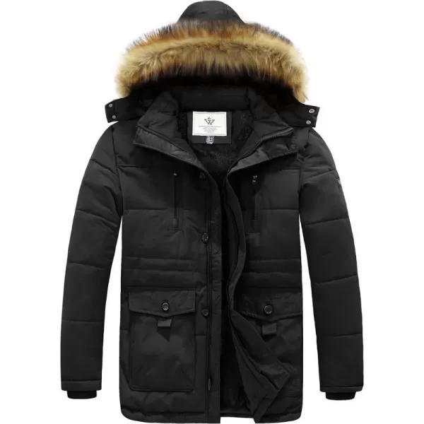 WenVen Mens Winter Coat Warm Parka Jacket with Faux Fur Removable HoodN Black