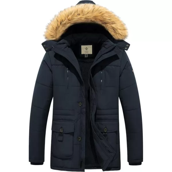 WenVen Mens Winter Coat Warm Parka Jacket with Faux Fur Removable HoodNavy