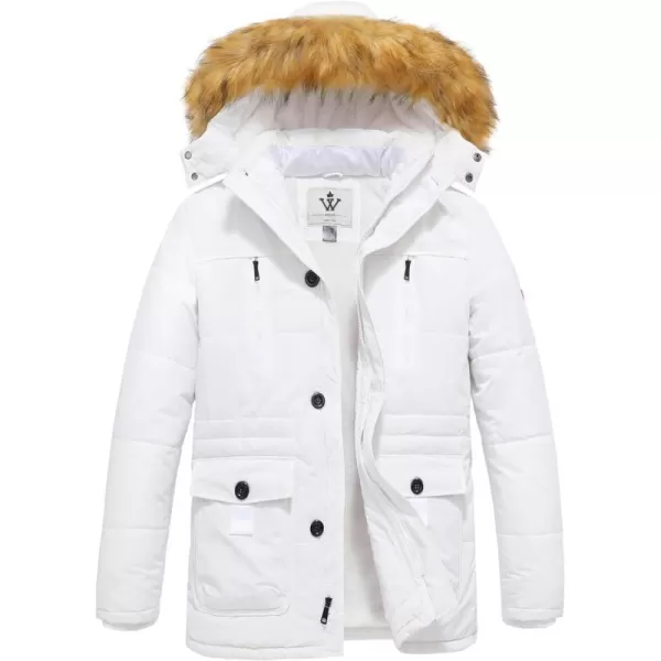 WenVen Mens Winter Coat Warm Parka Jacket with Faux Fur Removable HoodWhite