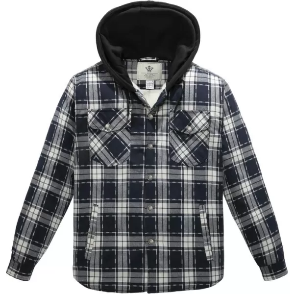 WenVen Mens Winter Hooded Plaid Shirt Jacket Sherpa Lining Shirt Jacket Lightweight and Comfortable Casual CoatBlue White