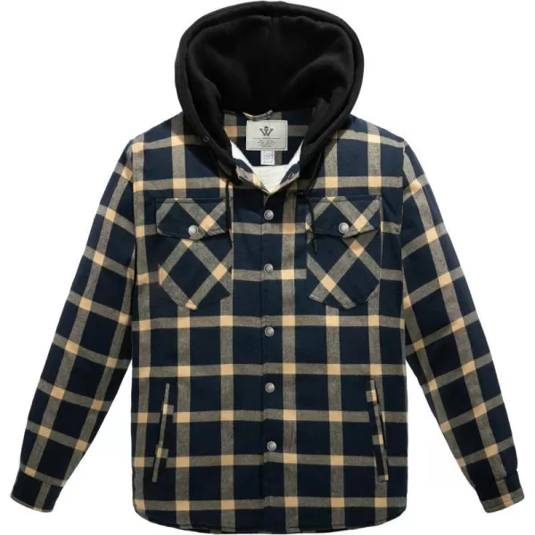 WenVen Mens Winter Hooded Plaid Shirt Jacket Sherpa Lining Shirt Jacket Lightweight and Comfortable Casual CoatNavy Yellow
