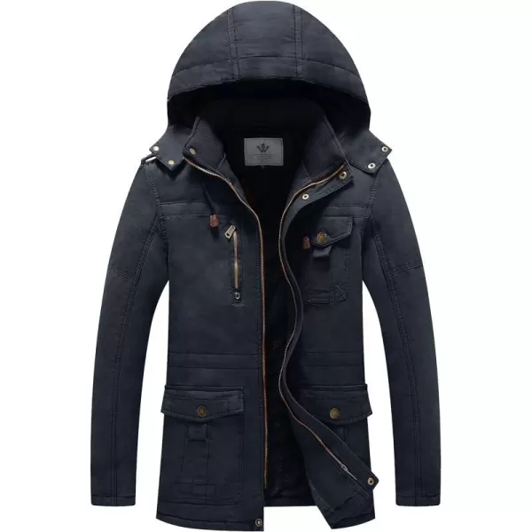 WenVen Mens Winter Jacket Sherpa Lining Wool Trench Coat Casual Warm Parka Coat With Detachable HoodNavy