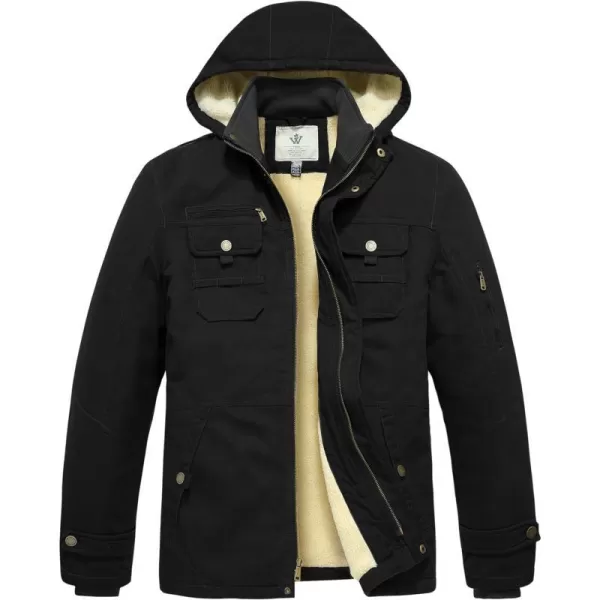 WenVen Mens Winter Sherpa Parka Mid Length Thicken Military Style Warm Jacket with Removable HoodBlack