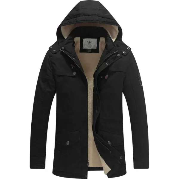 WenVen Mens Winter Sherpa Parka Mid Length Thicken Military Style Warm Jacket with Removable HoodDark Black