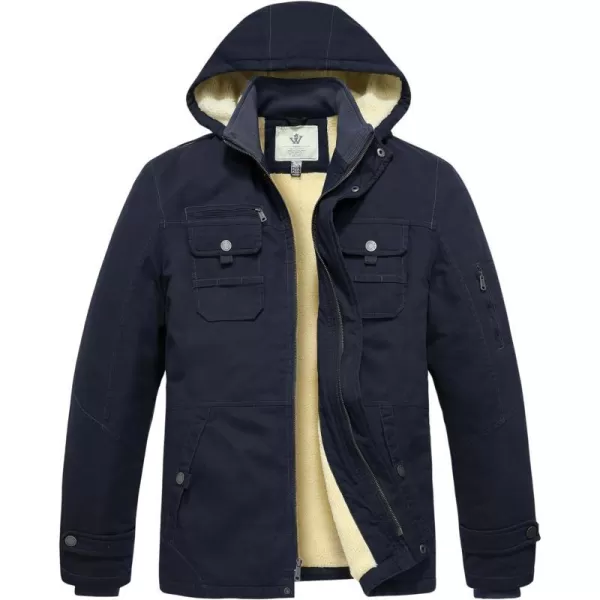 WenVen Mens Winter Sherpa Parka Mid Length Thicken Military Style Warm Jacket with Removable HoodNavy
