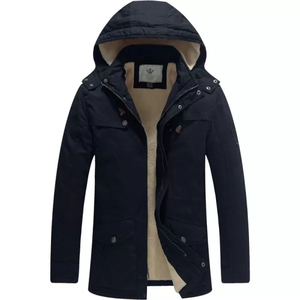 WenVen Mens Winter Sherpa Parka Mid Length Thicken Military Style Warm Jacket with Removable HoodNavy Blue