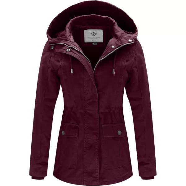 WenVen Womens Cotton Military Jacket Lightweight Casual Anorak Coat with HoodDeep Wine