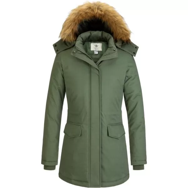 WenVen Womens Winter Thickened Warm Mid Length Parka Jacket Windproof and Waterproof Coat With a Detachable Fur HatArmy Green