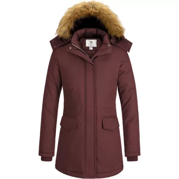 WenVen Womens Winter Thickened Warm Mid Length Parka Jacket Windproof and Waterproof Coat With a Detachable Fur HatRed