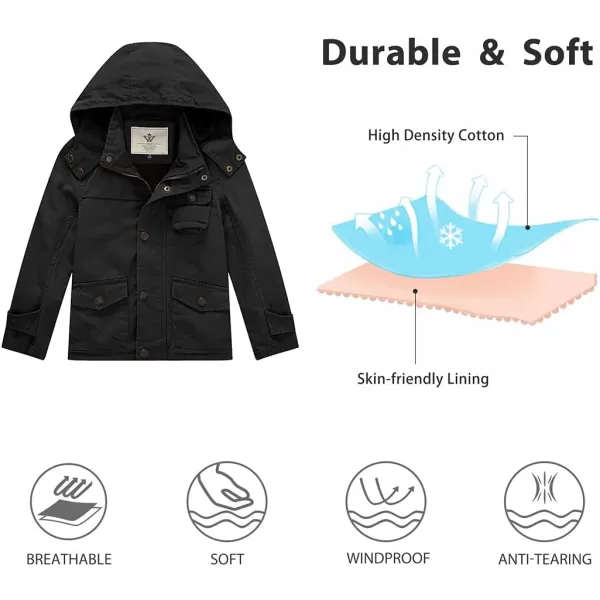 WenVen Boys Lightweight Spring Cotton Canvas Military Jacket with HoodBblack