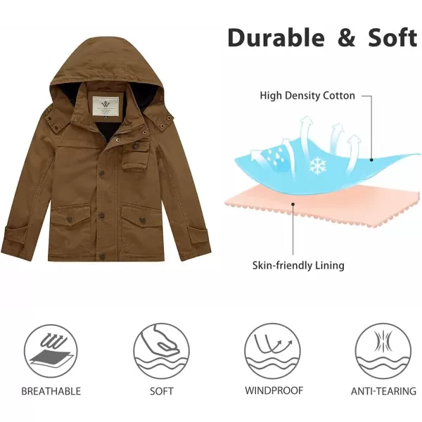 WenVen Boys Lightweight Spring Cotton Canvas Military Jacket with HoodBbrown
