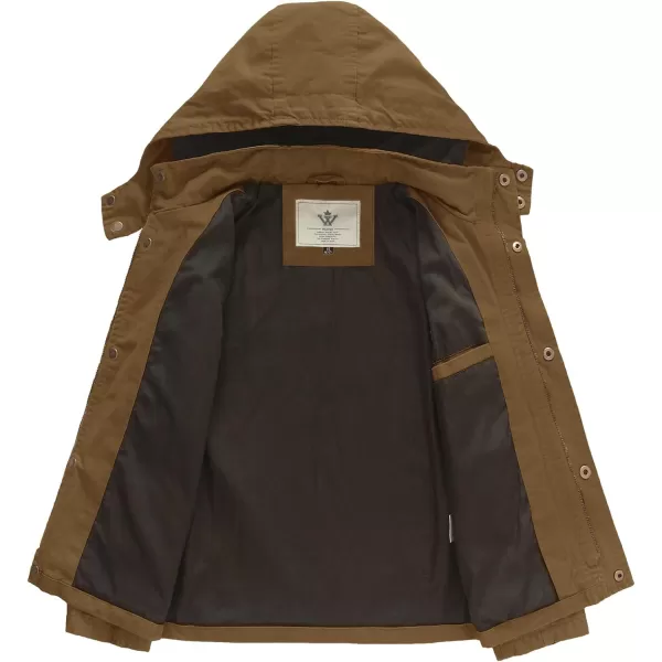 WenVen Boys Lightweight Spring Cotton Canvas Military Jacket with HoodBbrown