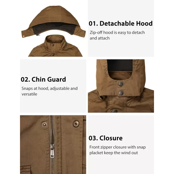 WenVen Boys Lightweight Spring Cotton Canvas Military Jacket with HoodBbrown