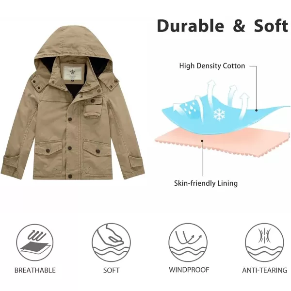 WenVen Boys Lightweight Spring Cotton Canvas Military Jacket with HoodBkhaki