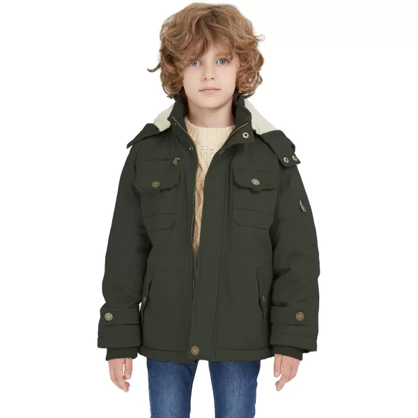 WenVen Boys Winter Sherpa Jacket Heavy Twill Cotton Military Coat with HoodArmy Green