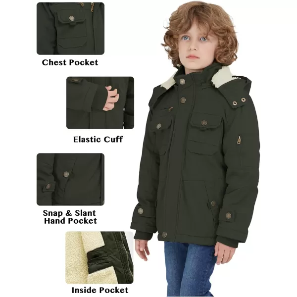 WenVen Boys Winter Sherpa Jacket Heavy Twill Cotton Military Coat with HoodArmy Green