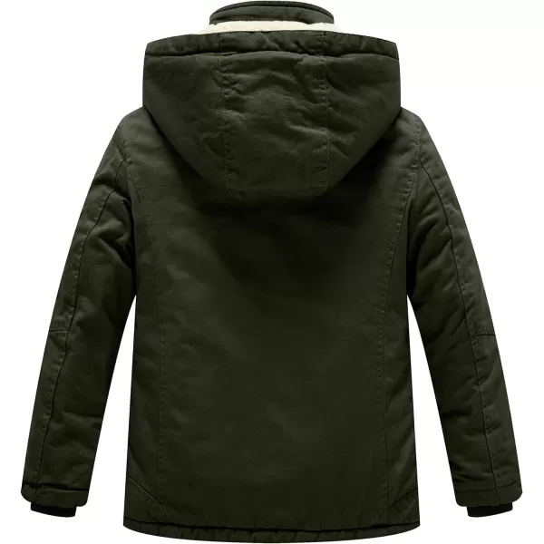 WenVen Boys Winter Sherpa Jacket Heavy Twill Cotton Military Coat with HoodArmy Green