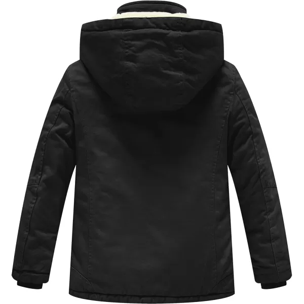 WenVen Boys Winter Sherpa Jacket Heavy Twill Cotton Military Coat with HoodBlack