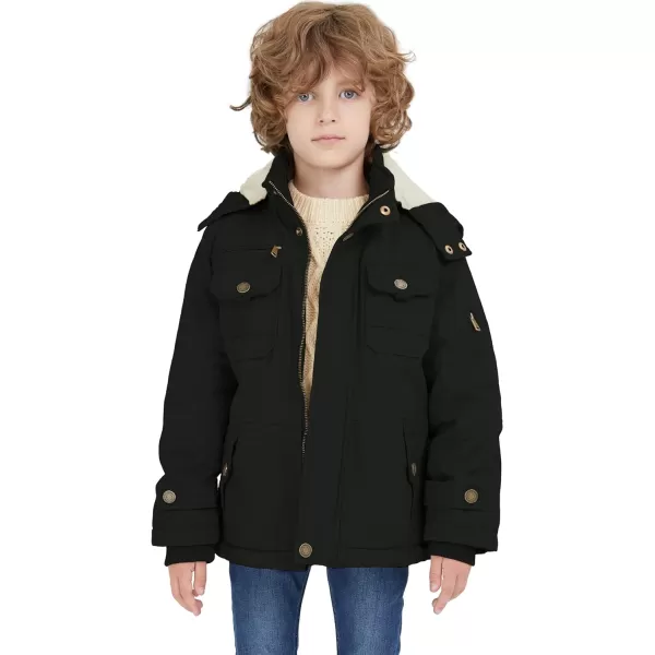 WenVen Boys Winter Sherpa Jacket Heavy Twill Cotton Military Coat with HoodBlack
