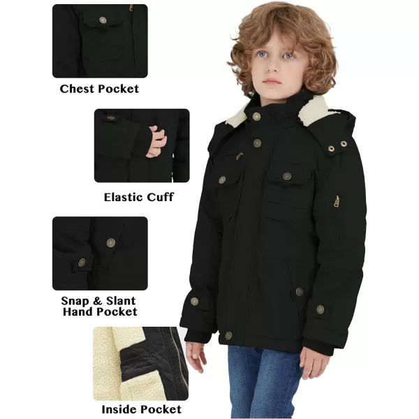 WenVen Boys Winter Sherpa Jacket Heavy Twill Cotton Military Coat with HoodBlack