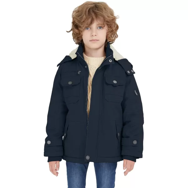 WenVen Boys Winter Sherpa Jacket Heavy Twill Cotton Military Coat with HoodBlue