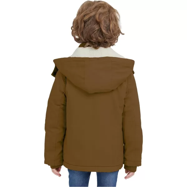 WenVen Boys Winter Sherpa Jacket Heavy Twill Cotton Military Coat with HoodBrown