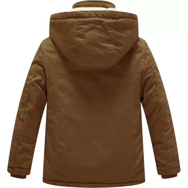 WenVen Boys Winter Sherpa Jacket Heavy Twill Cotton Military Coat with HoodBrown