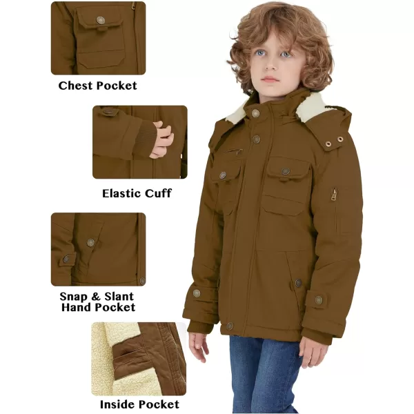 WenVen Boys Winter Sherpa Jacket Heavy Twill Cotton Military Coat with HoodBrown