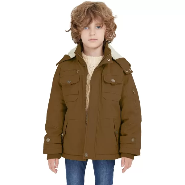 WenVen Boys Winter Sherpa Jacket Heavy Twill Cotton Military Coat with HoodBrown