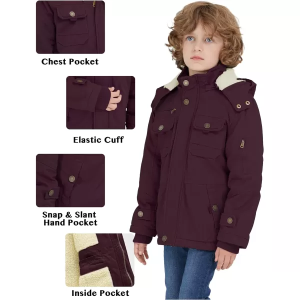 WenVen Boys Winter Sherpa Jacket Heavy Twill Cotton Military Coat with HoodDeep Wine