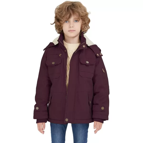 WenVen Boys Winter Sherpa Jacket Heavy Twill Cotton Military Coat with HoodDeep Wine