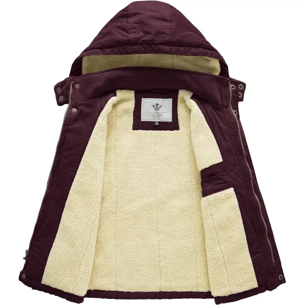 WenVen Boys Winter Sherpa Jacket Heavy Twill Cotton Military Coat with HoodDeep Wine