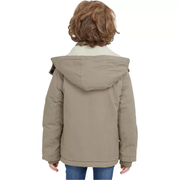 WenVen Boys Winter Sherpa Jacket Heavy Twill Cotton Military Coat with HoodKhaki