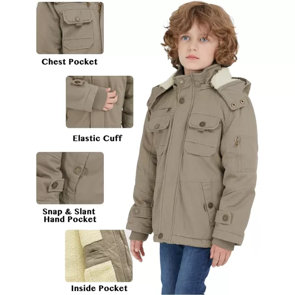 WenVen Boys Winter Sherpa Jacket Heavy Twill Cotton Military Coat with HoodKhaki